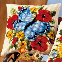 Coussin point de croix Vervaco Papillon bleu aux coquelicots