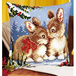 Coussin point de croix Vervaco Lapereaux sous la neige