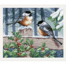 kit Point de croix Vervaco Les oiseaux de la barrière enneigée
