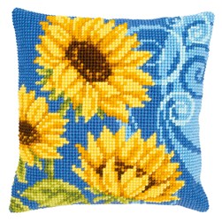 Coussin point de croix Vervaco tournesols sur fond bleu