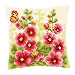 Coussin point de croix Vervaco Roses trémières et papillon