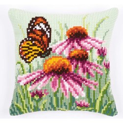 Coussin point de croix Vervaco Le papillon aux marguerites roses