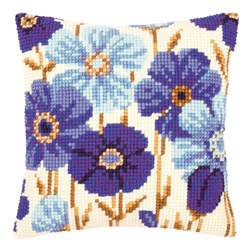 Coussin point de croix Vervaco fleurs nuances de bleu