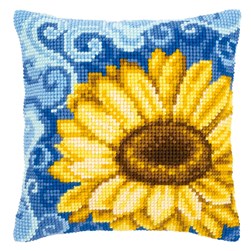 Coussin point de croix Vervaco Fleur de tournesol aux arabesques bleues