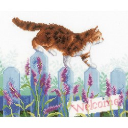 kit Point de croix Vervaco Le chat de la barrière aux lavandes