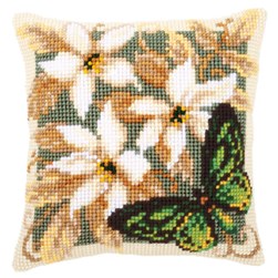 Coussin point de croix Vervaco Papillon vert et fleurs automnales