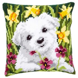 Coussin point de croix Vervaco chiot fleuri