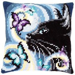 Coussin point de croix Vervaco Chat noir mystérieux et papillon