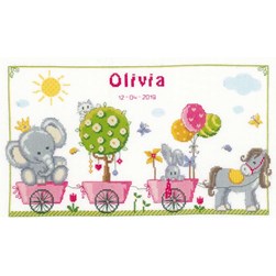 Broderie naissance Vervaco Les animaux des petits wagons roses