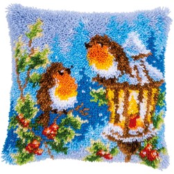 Coussins Point Noue Vervaco La lanterne et les rouge-gorges à noël