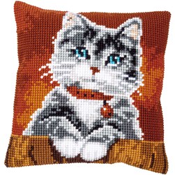 Coussin point de croix Vervaco Chat gris au collier grelot