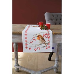 kit Chemin de table - Broderie Point de Croix compté Vervaco Rouge-gorge et fleurs