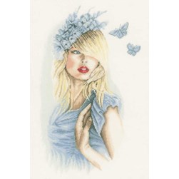 kit Point de croix Lanarte LA femme aux papillons bleus sur lin