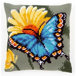 Coussin point de croix Vervaco Un papillon bleu sur fleur jaune