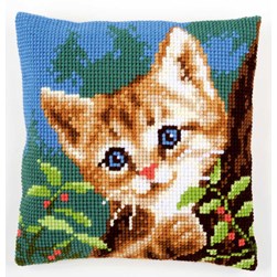 Coussin point de croix Vervaco Chaton joueur derrière l'arbre