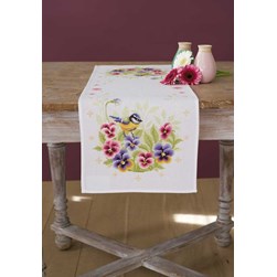 kit Chemin de table - Broderie Point de Croix compté Vervaco La mésange et les violettes