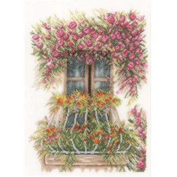 kit Point de croix Lanarte La fenêtre aux fleurs grimpantes