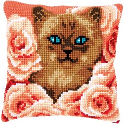 Coussin point de croix Vervaco Chat aux yeux bleus dans les roses