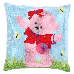 Coussin point de croix Popcorn L'ourson rose