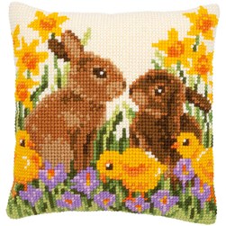 Coussin point de croix Vervaco Lapins poussins et jonquilles