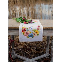 kit Chemin de table - Broderie Point de Croix compté Vervaco Courrone aux fleurs colorées