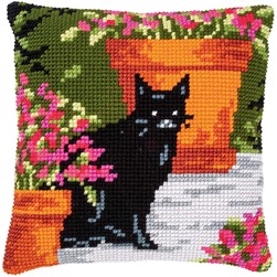 Coussin point de croix Vervaco Chat noir dans la cour de jardin