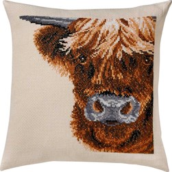Coussin broderie Point de Croix Permin Vache écossaise