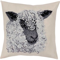 Coussin broderie Point de Croix Permin Le mouton gris