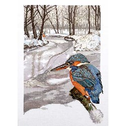 kit Point de croix Permin Martin pêcheur en hiver sur toile aida