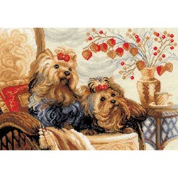 kit Point de croix RIOLIS Les yorshires du fauteuil