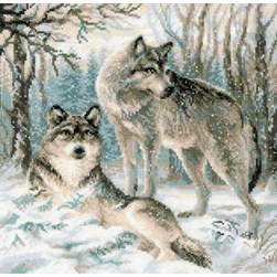 kit Point de croix RIOLIS Loups dans les bois enneigés