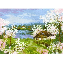 kit Point de croix RIOLIS La maisonnette aux pommiers fleuris