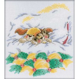 kit Point de croix RTO Un chat et un chiot sous la couette